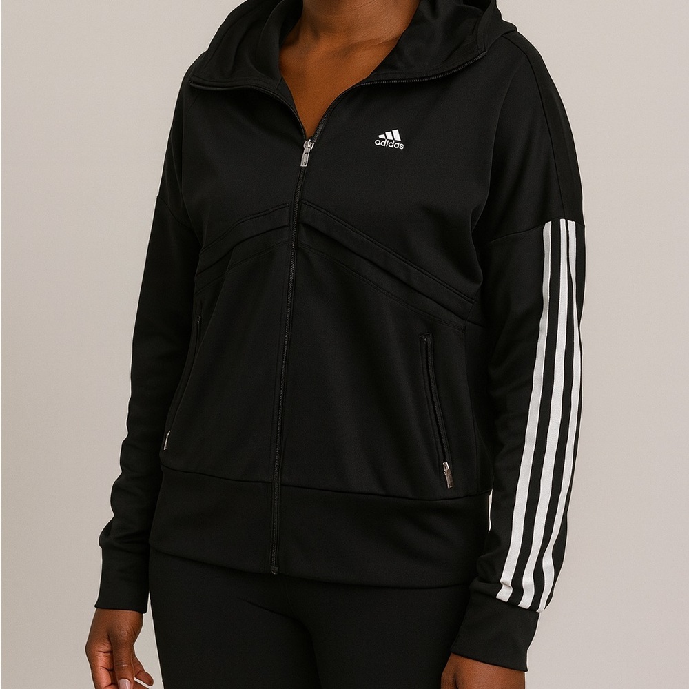 Adidas Black Full Zip Hoodie L 3 Stripes Track Jacket Athleisure Sweatshirt